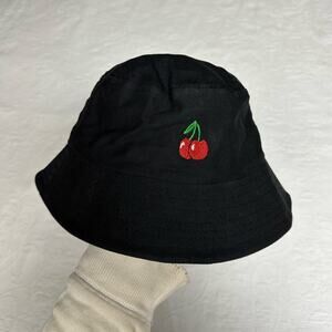 Cherry Embroidered Black Bucket Hat